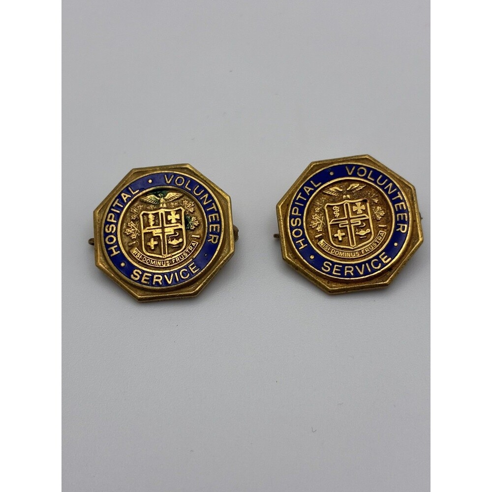 2Vintage Hospital Volunteer Service Lapel Pins Gold Tone Blue Enamel